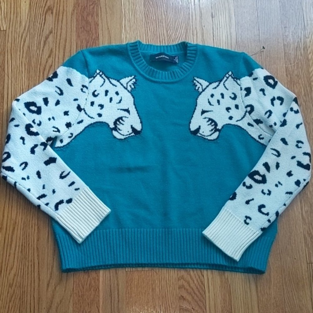MINKPINK MINK PINK SNOW LEOPARD INTARSIA SWEATER AUTHENTIC GREEN WHITE SMALL